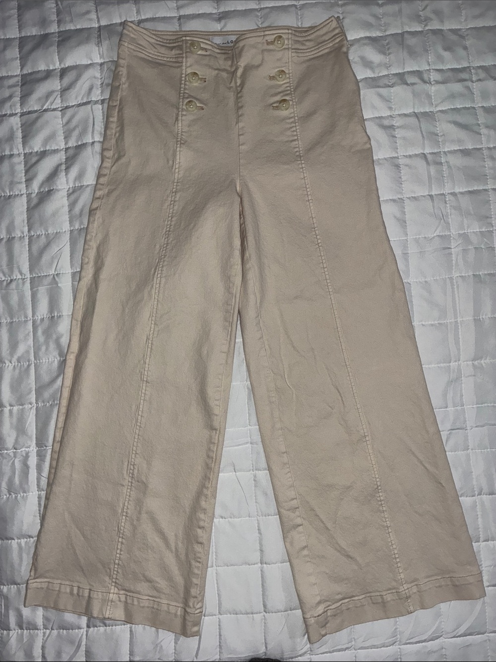 LOFT Cream High-Waist Wide Leg Pants with Sailor Buttons